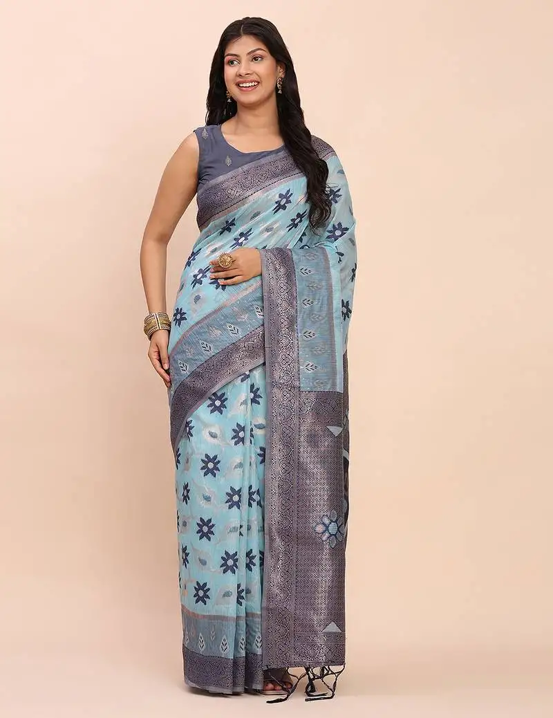 Blue linen cotton patola saree with blouse piece