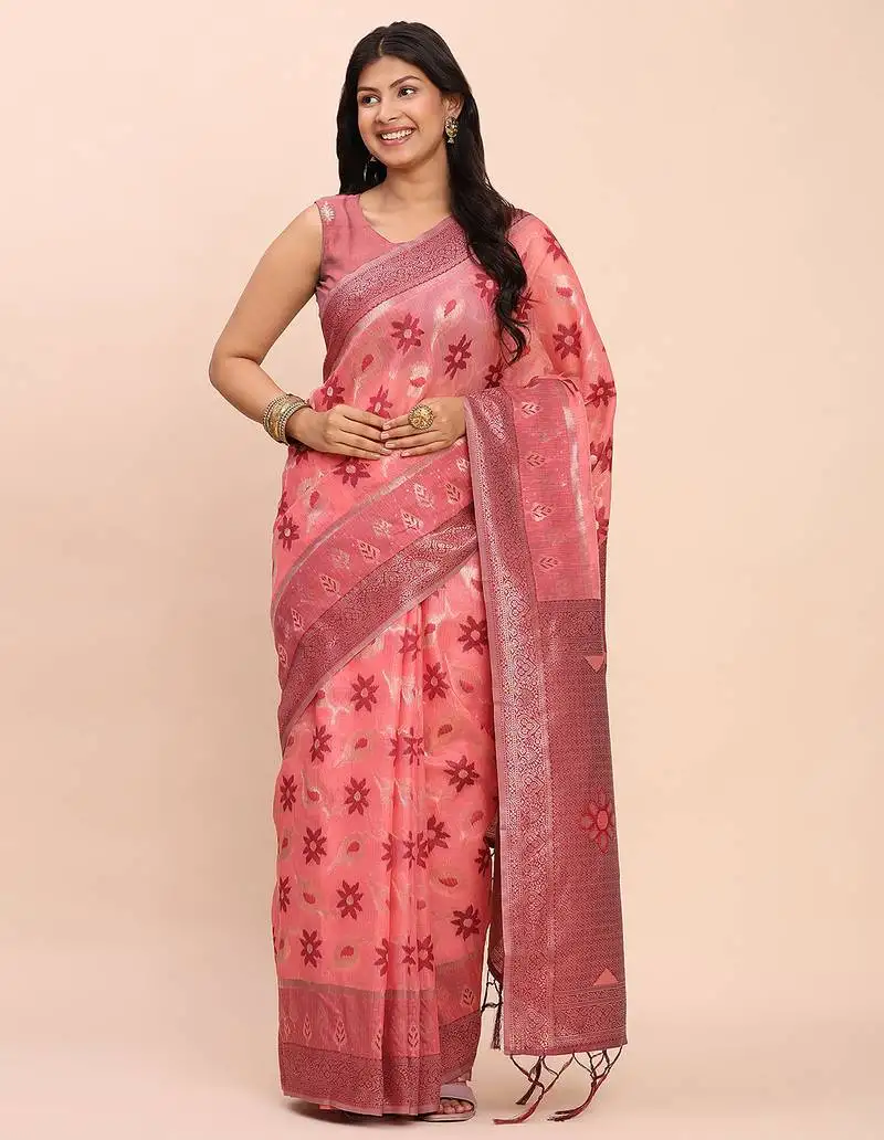 Peach linen cotton patola saree with blouse piece
