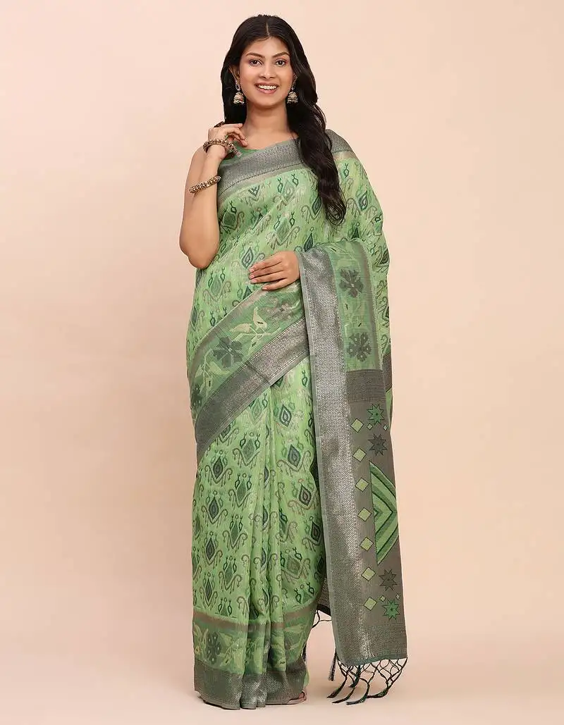 Light green linen cotton patola saree with blouse piece