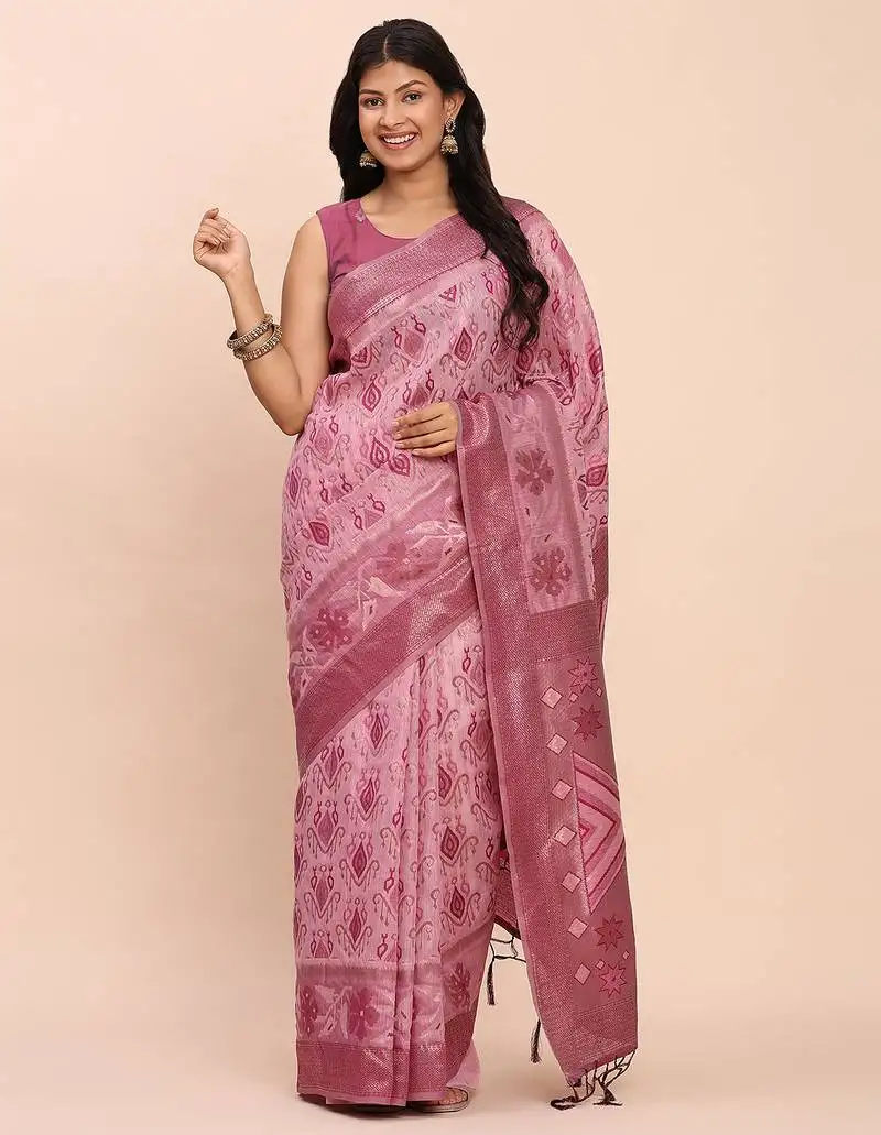 Pink linen cotton patola saree with blouse piece