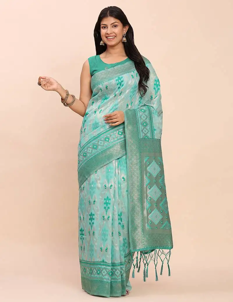Sea green linen cotton patola saree with blouse piece