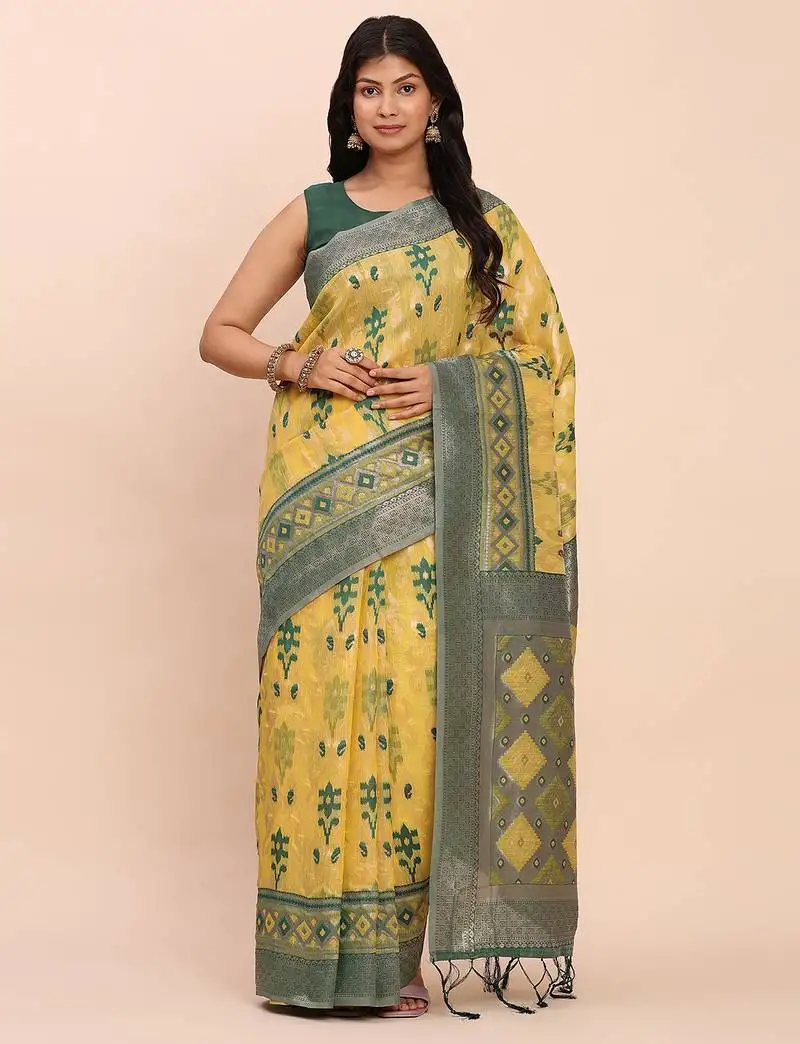 Yellow linen cotton patola saree with blouse piece