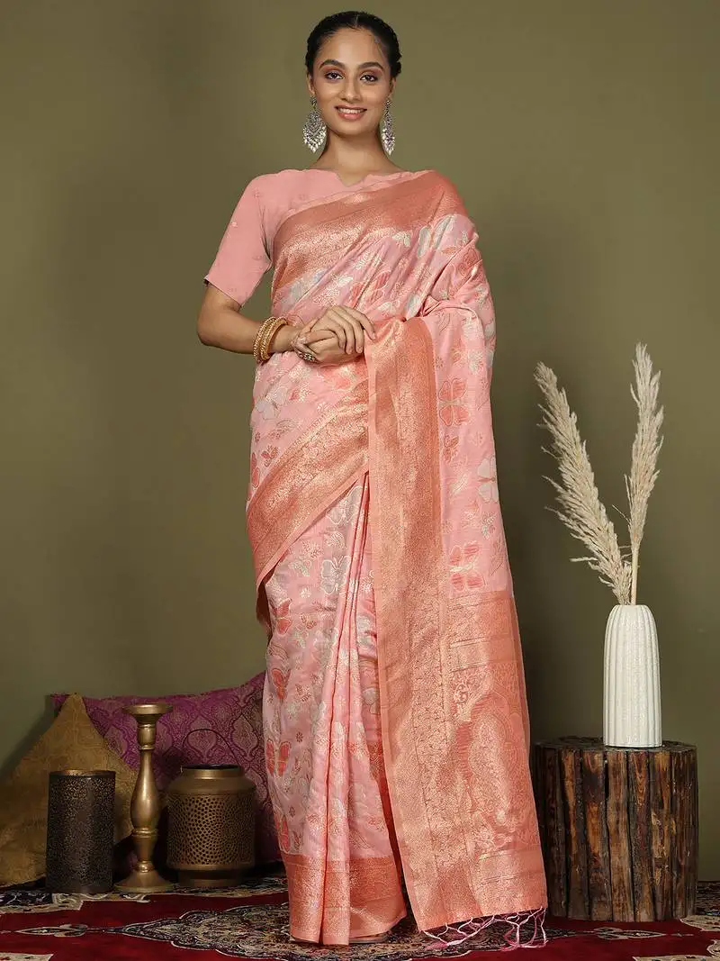 Peach cotton saree with golden zari work