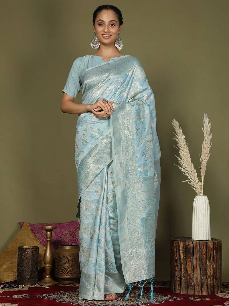 Sky blue cotton saree with golden zari work