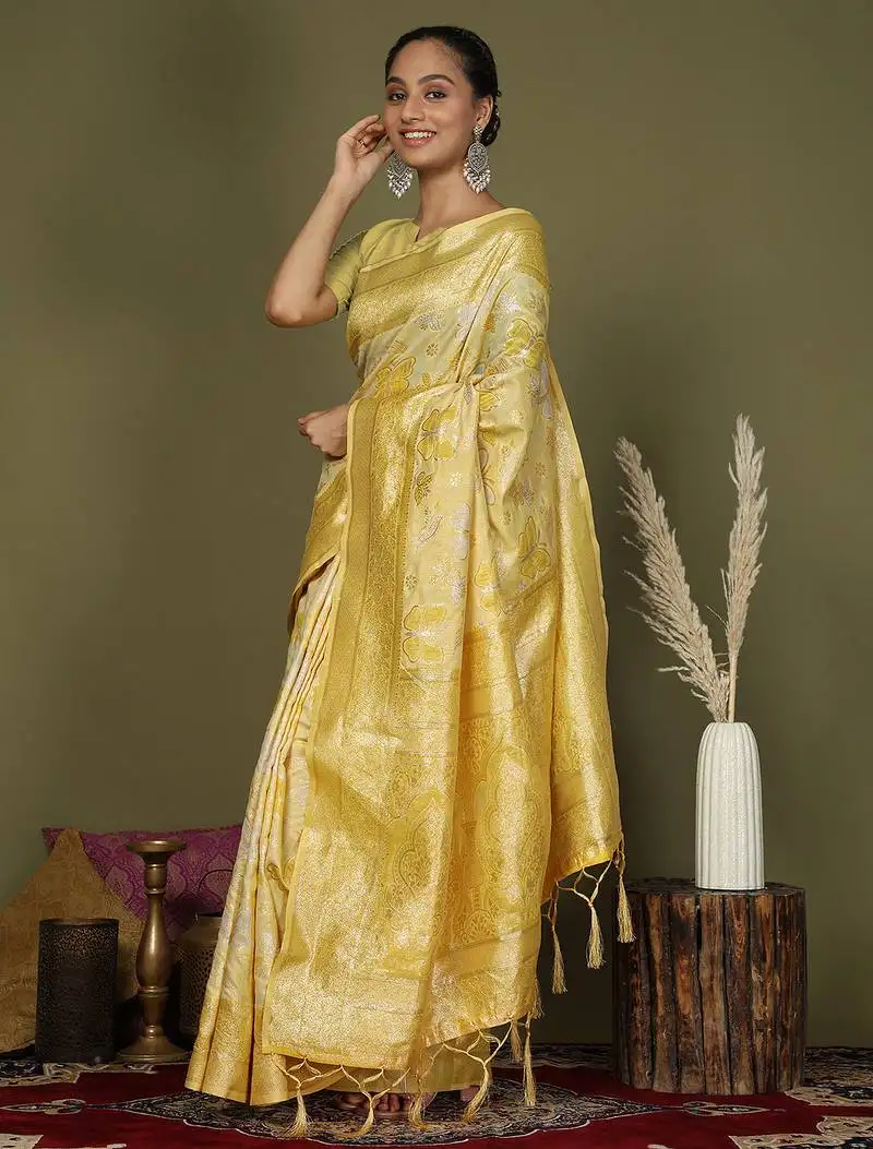 Yellow cotton saree with golden zari work