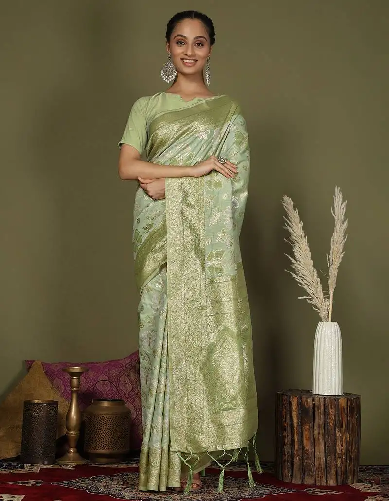 Light green cotton saree with golden zari work