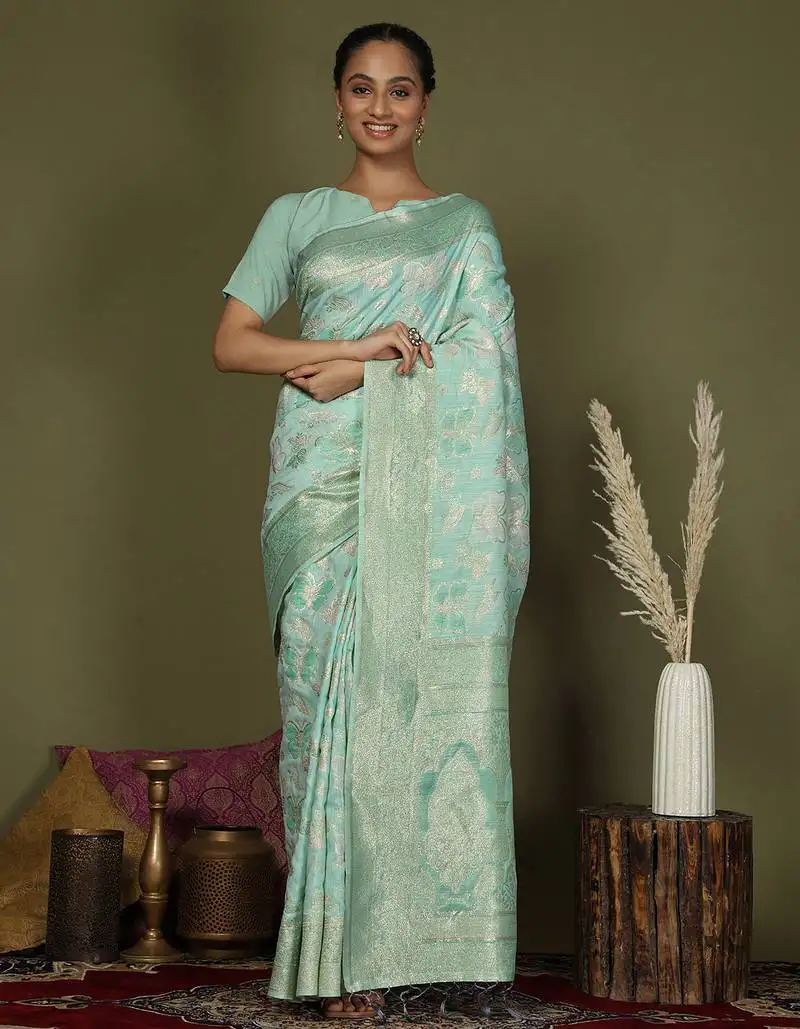 Sea green cotton saree with golden zari work
