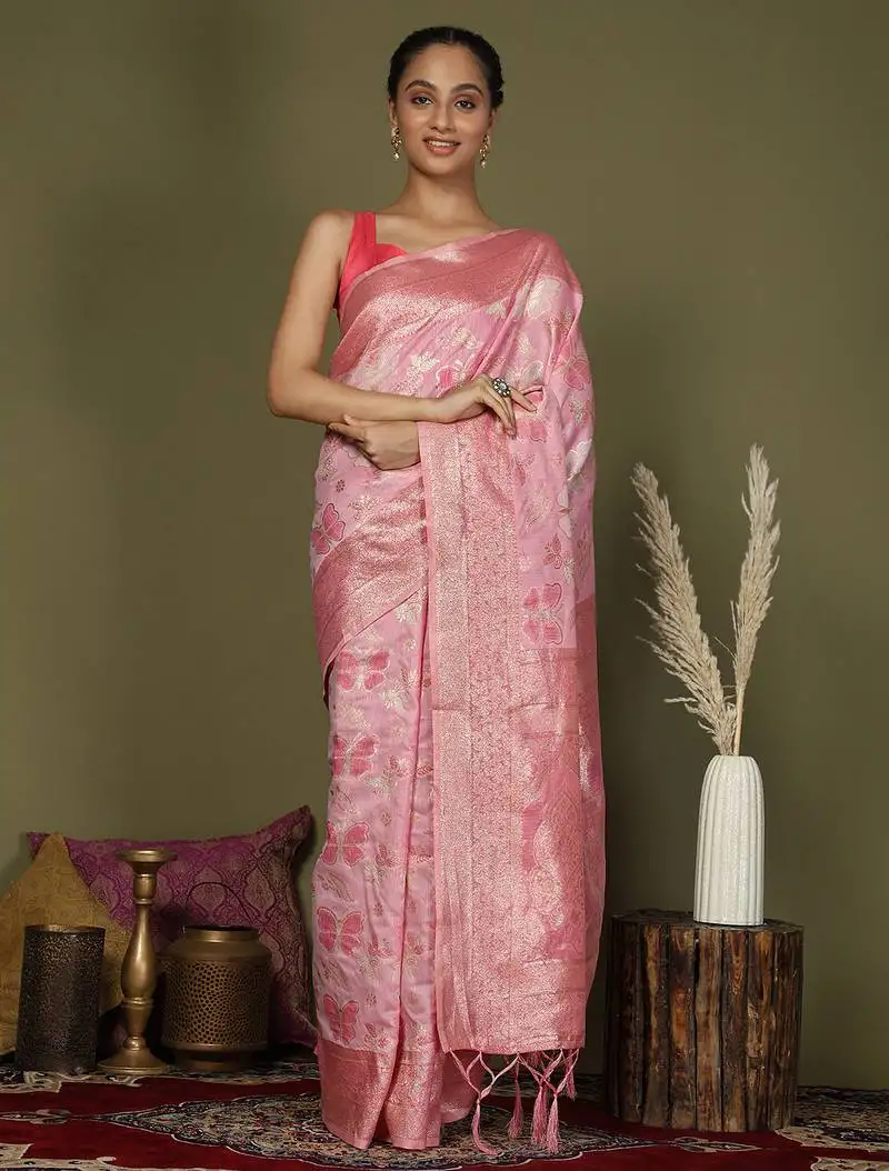 Pink cotton saree with golden zari work