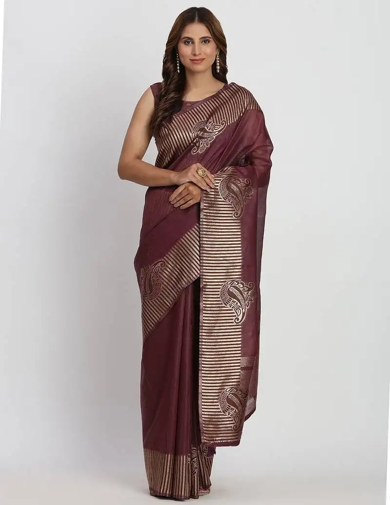 Purple linen cotton saree with rich golden zari motifs