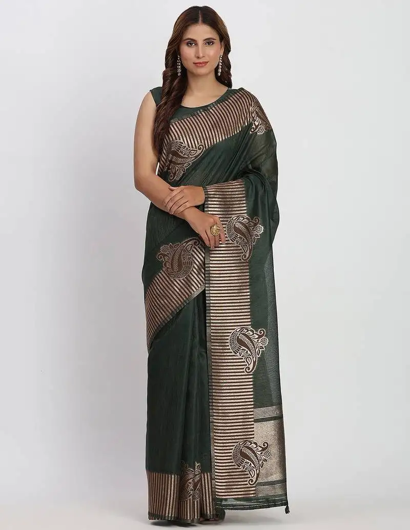 Dark green linen cotton saree with rich golden zari motifs