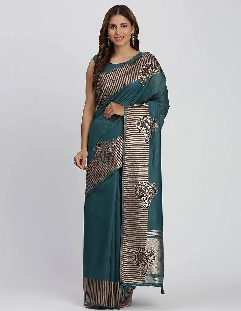 Sea green linen cotton saree with rich golden zari motifs