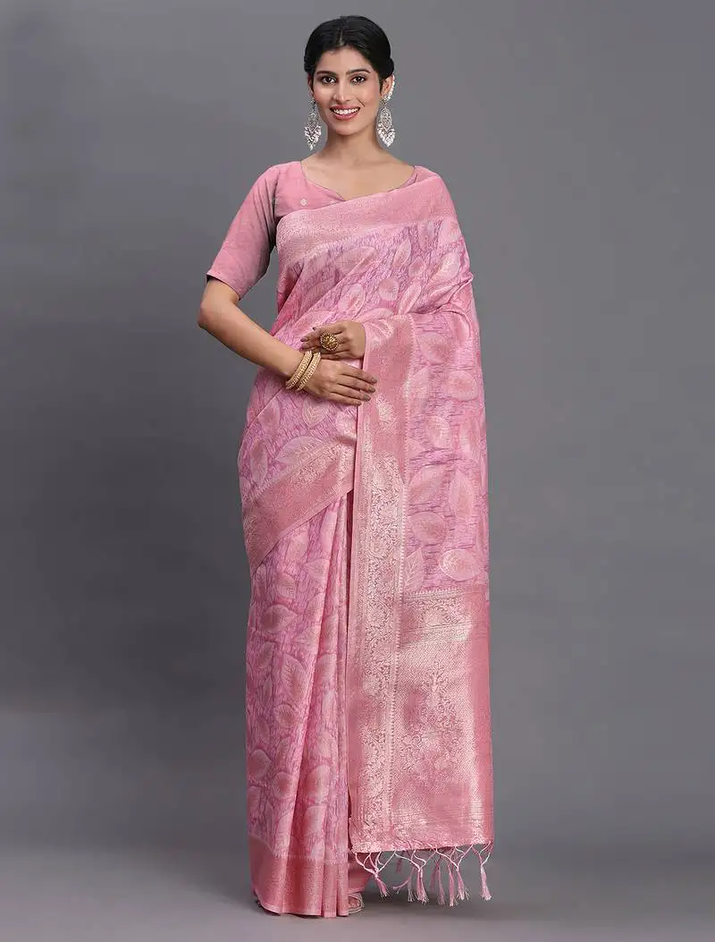 Light pink linen cotton saree with silver zari weave and tassels