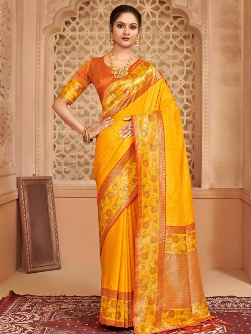 Yellow pure kanjivaram silk blend saree