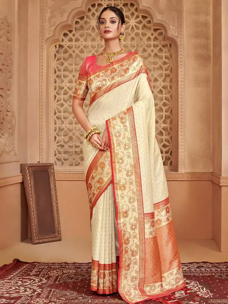 Off white pure kanjivaram silk blend saree
