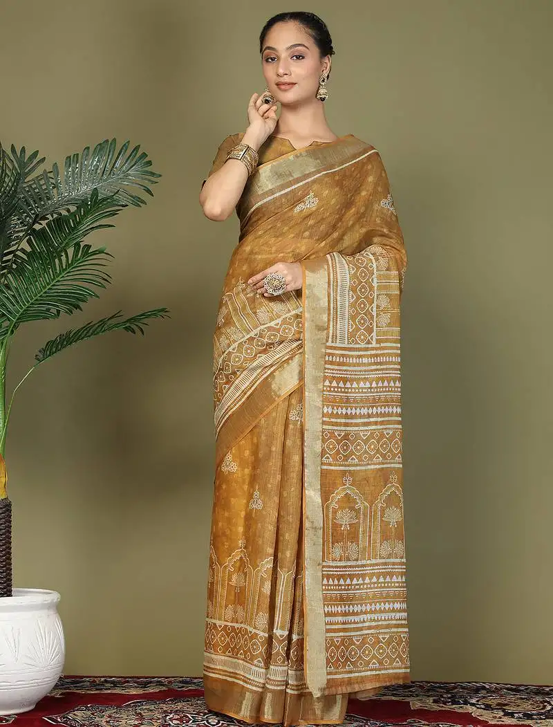 Golden printed cotton ready-to-wear saree with pocket and inner lining