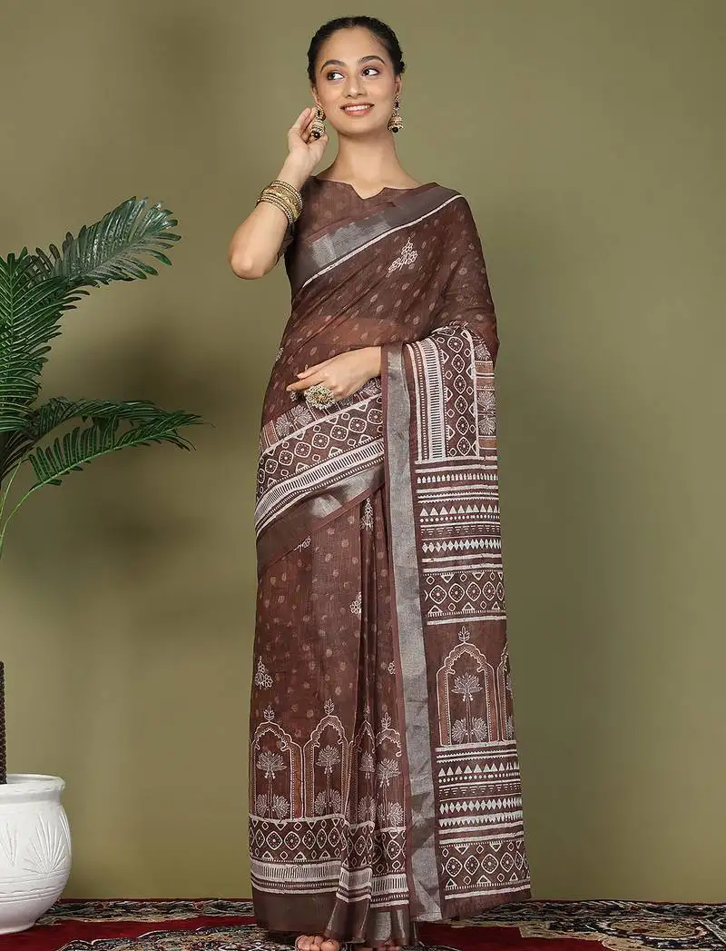 Brown printed cotton ready-to-wear saree with pocket and inner lining