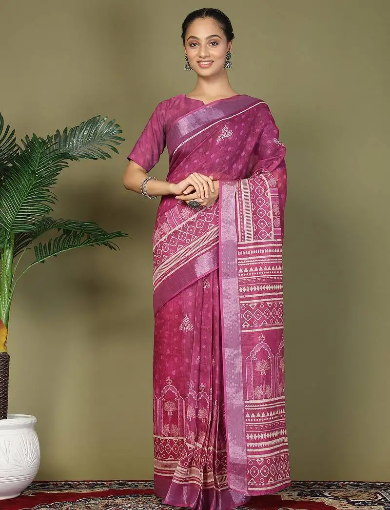 Purple printed cotton ready-to-wear saree with pocket and inner lining
