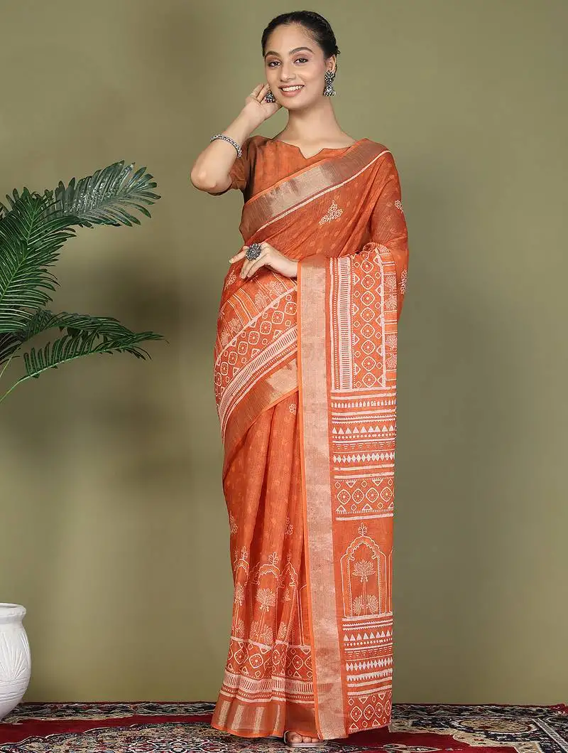 Orange printed cotton ready-to-wear saree with pocket and inner lining