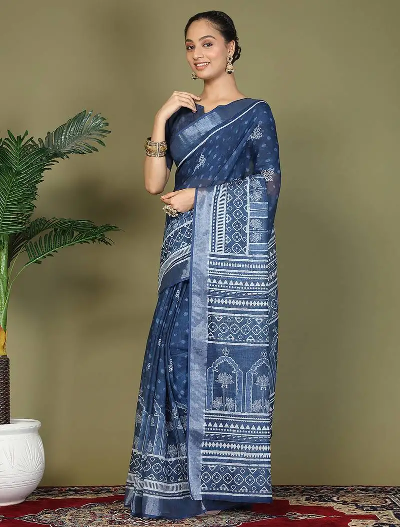 Blue printed cotton ready-to-wear saree with pocket and inner lining