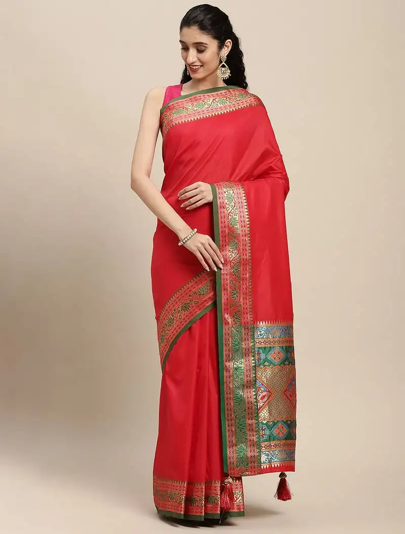Red party wear saree with rich pallu and contrast zari border