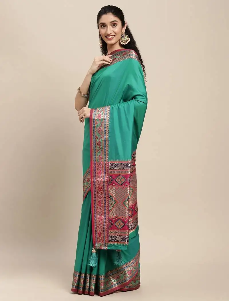 Sea green party wear saree with rich pallu and contrast zari border