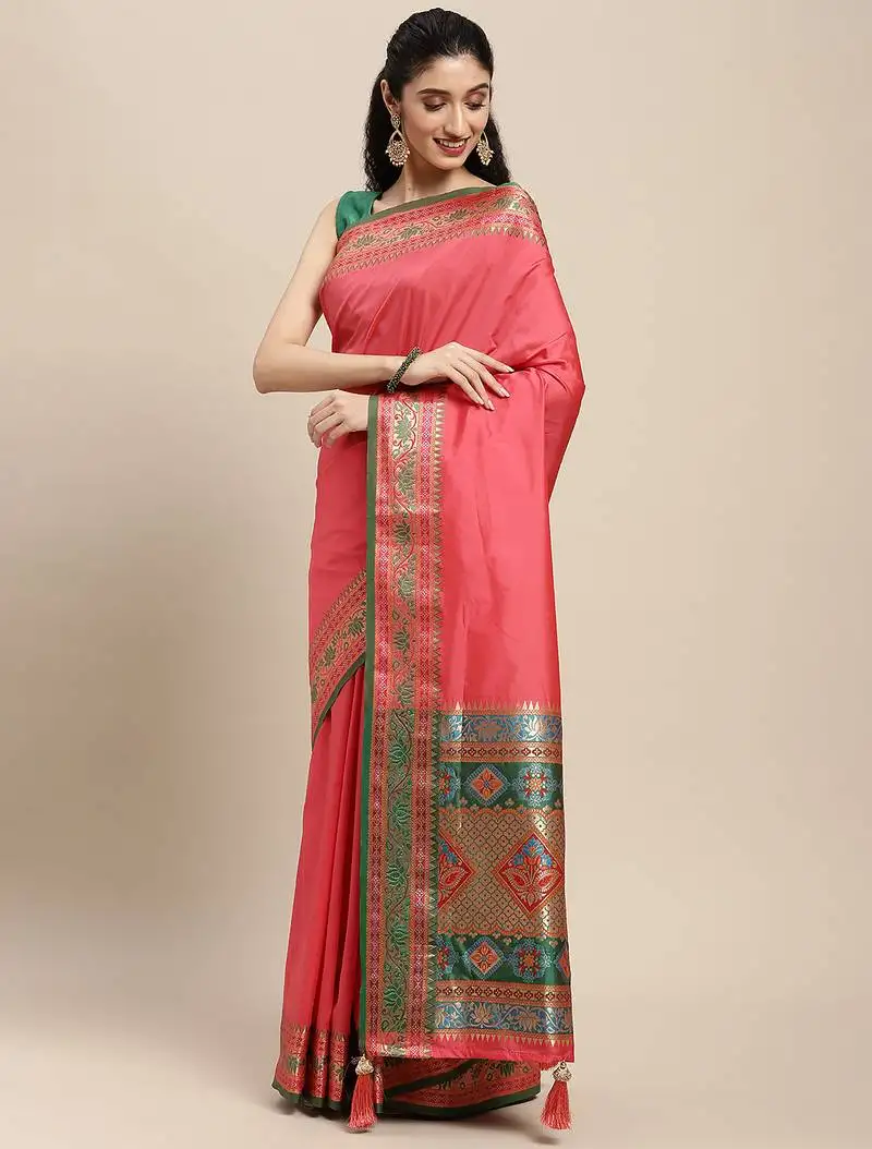 Light pink party wear saree with rich pallu and contrast zari border