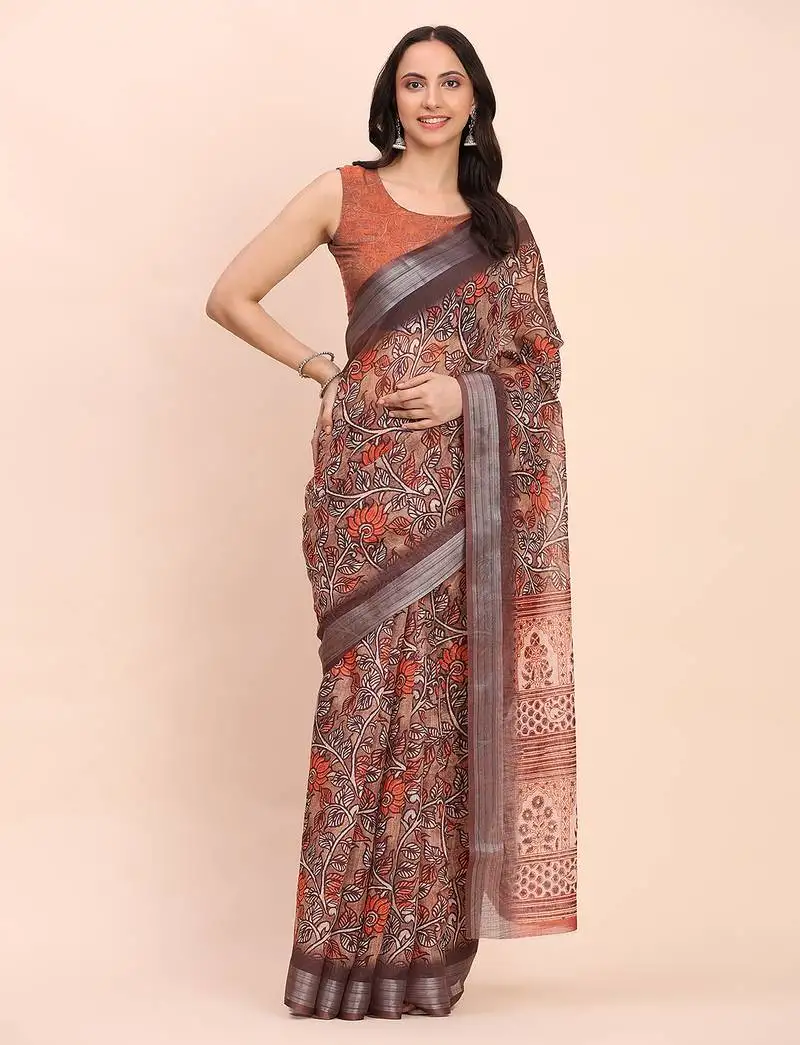 Brown cotton saree with tribal floral print