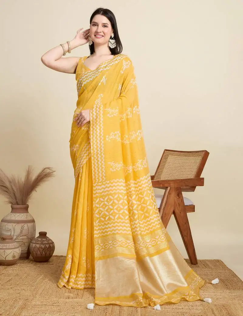 Yellow blended cotton saree