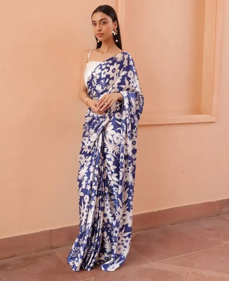 Blue and white elegant digital printed saree