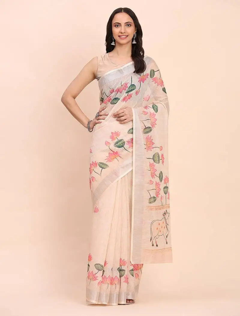 Peach cotton saree with tribal floral print