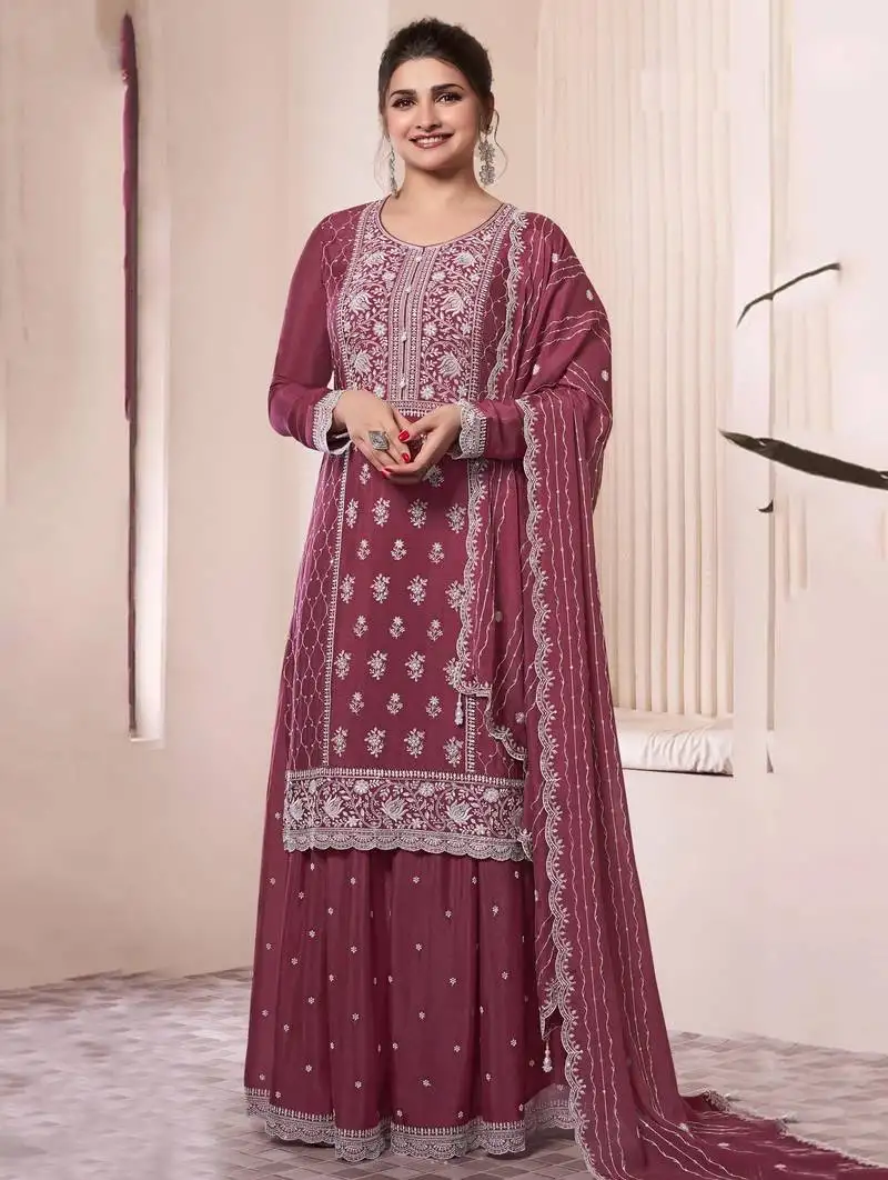 Mauve embroidered chinon free size palazzo style salwar suit stitched