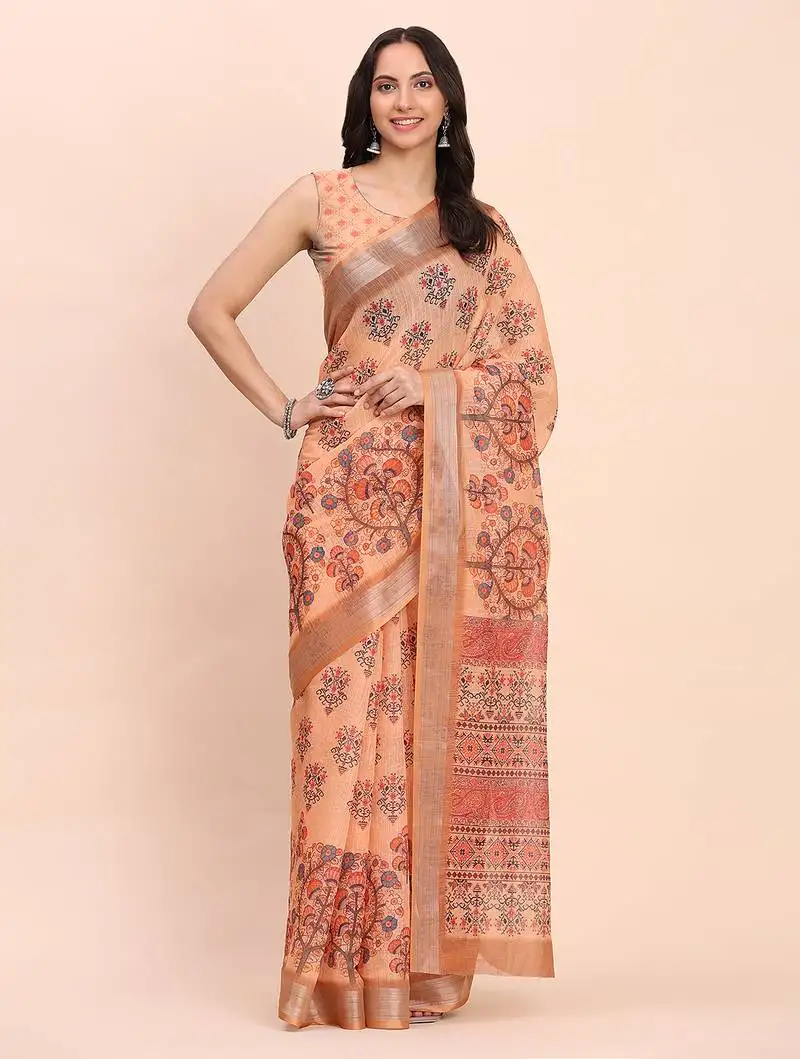 Orange cotton saree with tribal floral print
