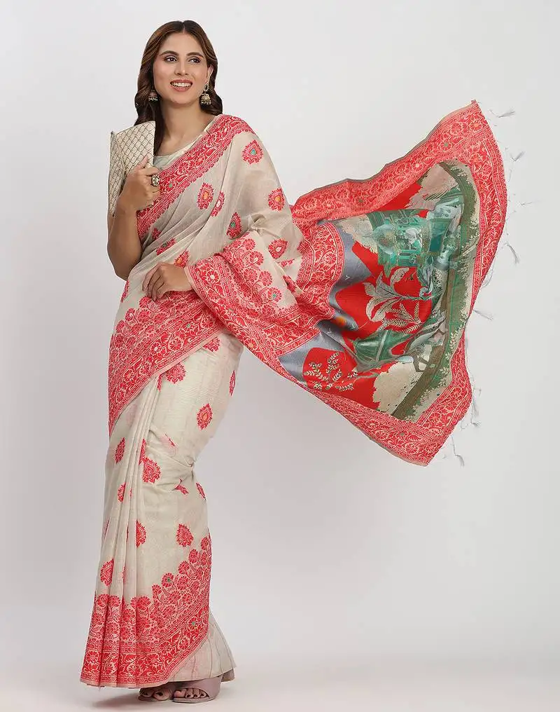 Ethnic motif woven linen cotton saree with zari border