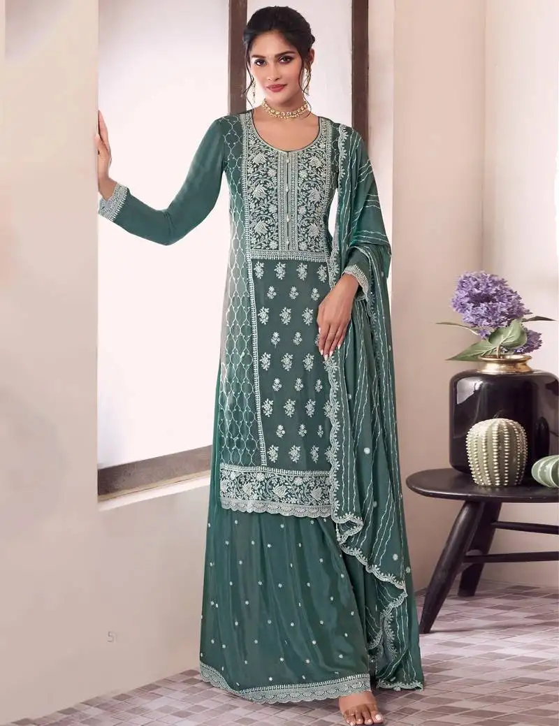 Green embroidered chinon free size palazzo style salwar suit stitched