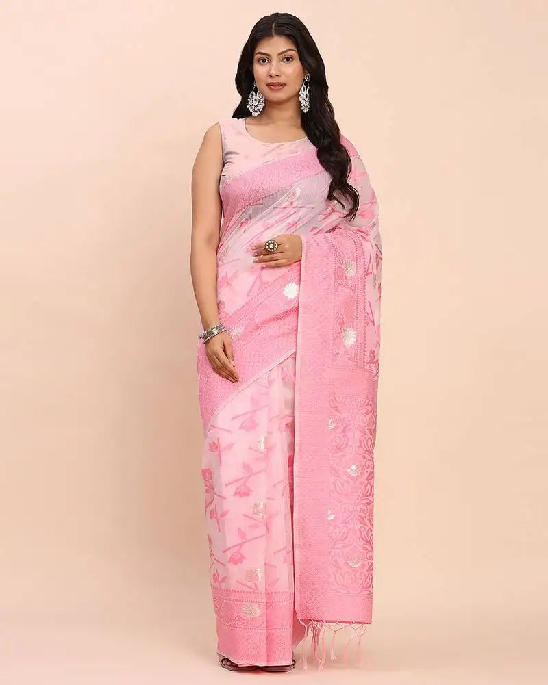 Beige pink banarasi cotton saree with floral zari work