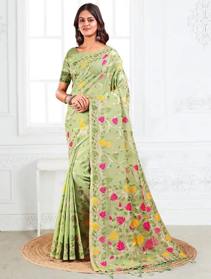 Light green floral linen cotton saree with zari detailing printed pallu
