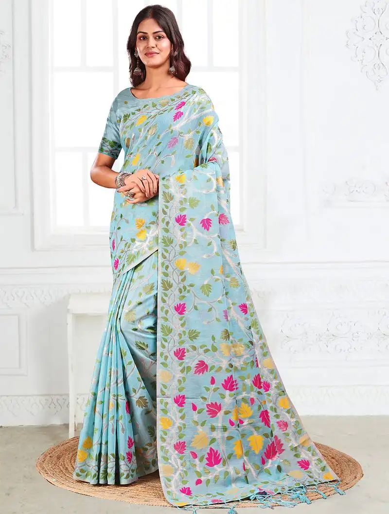 Sky blue floral linen cotton saree with zari detailing printed pallu