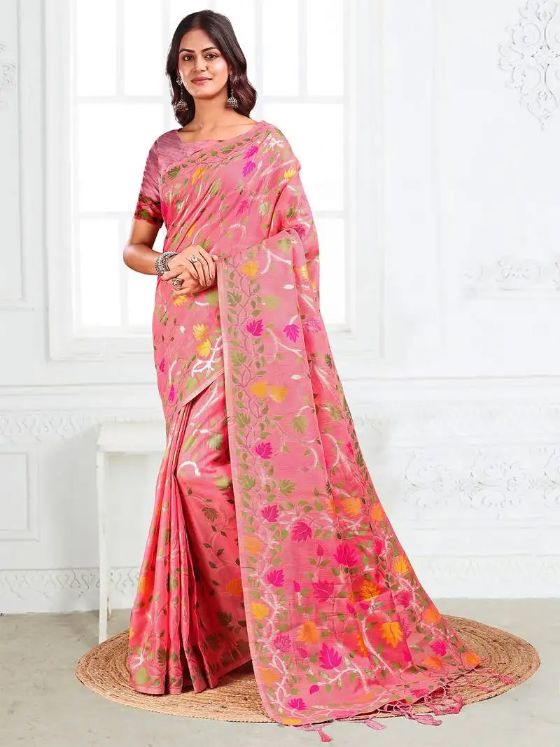 Pink floral linen cotton saree with zari detailing printed pallu