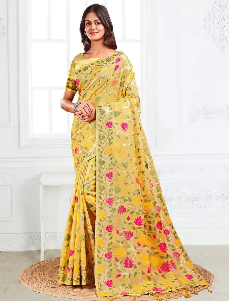 Yellow floral linen cotton saree with zari detailing printed pallu