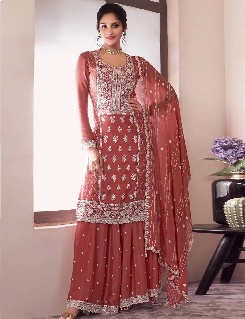 Orange embroidered chinon free size palazzo style salwar suit stitched