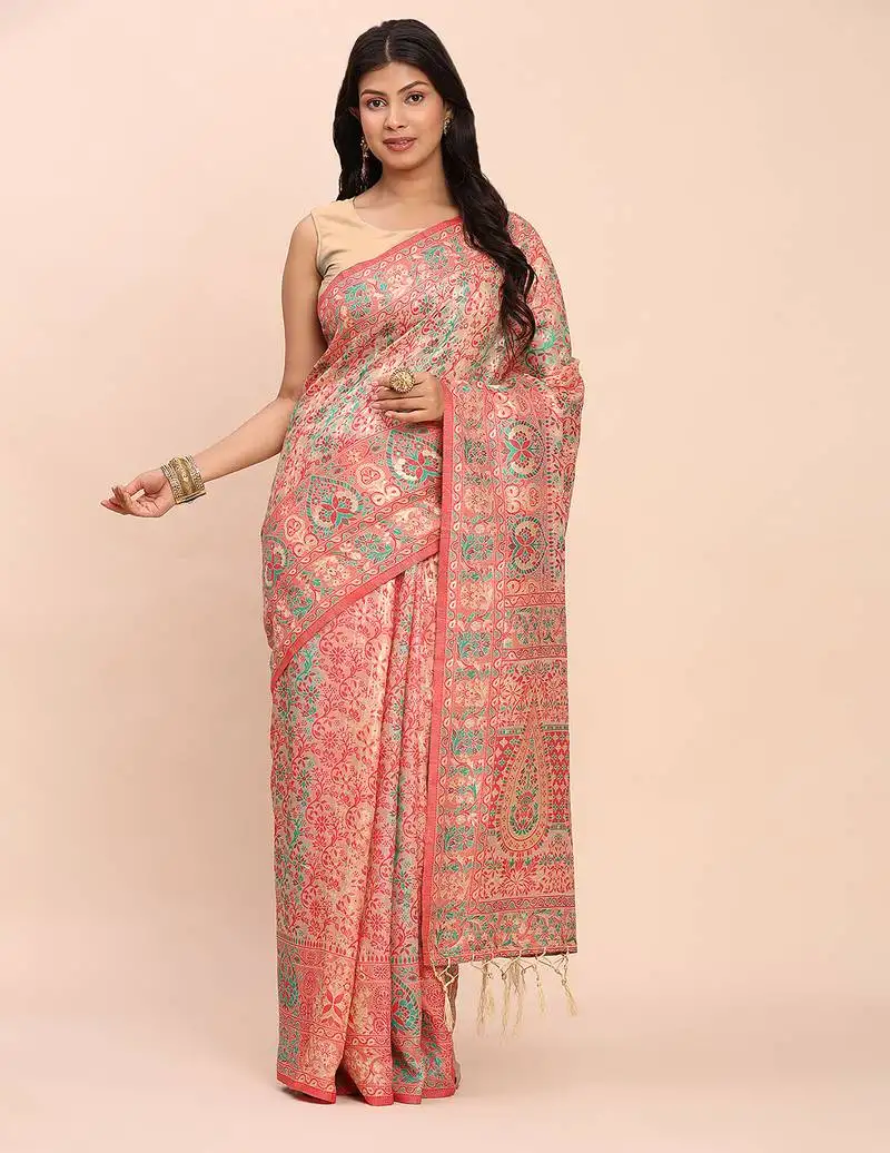 Elegant cream jacquard linen cotton saree with traditional multicolor weave tassel pallu festive casual wear