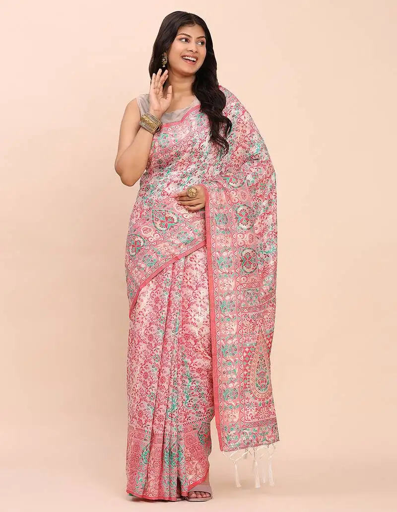 White jacquard linen cotton saree with multicolor weave tassel pallu