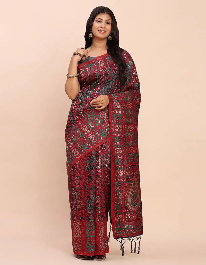 Pink jacquard linen cotton saree with multicolor weave tassel pallu