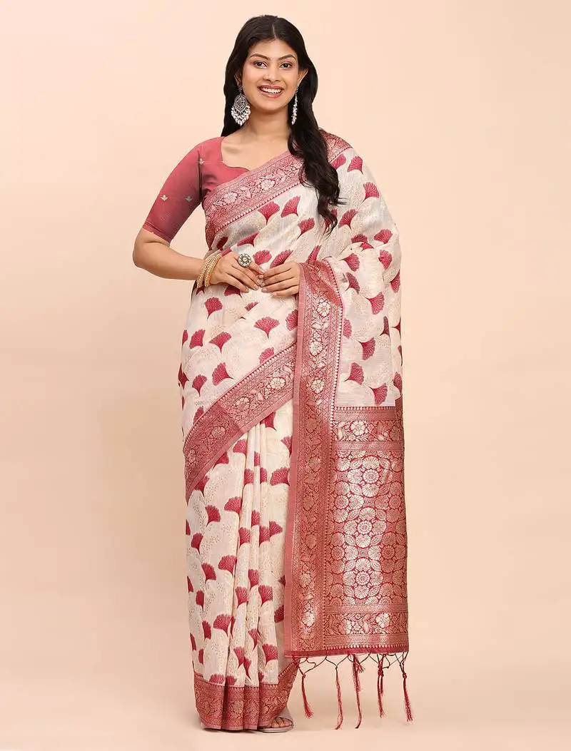 Elegant off-white maroon linen cotton saree with zari woven border and pallu soft saree for daily festive office wear