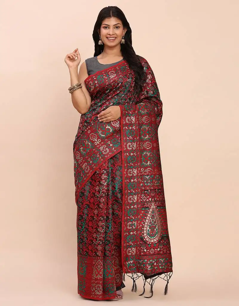 Red jacquard linen cotton saree with multicolor weave tassel pallu