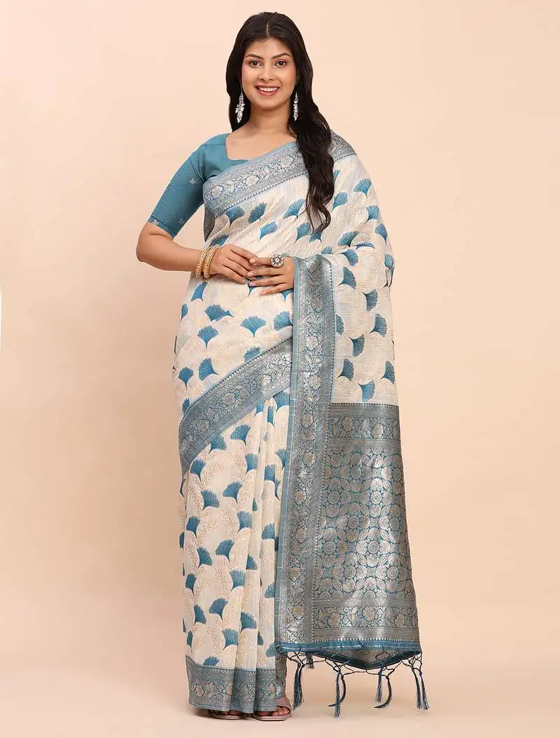 Off-white sky blue linen cotton saree with zari woven border