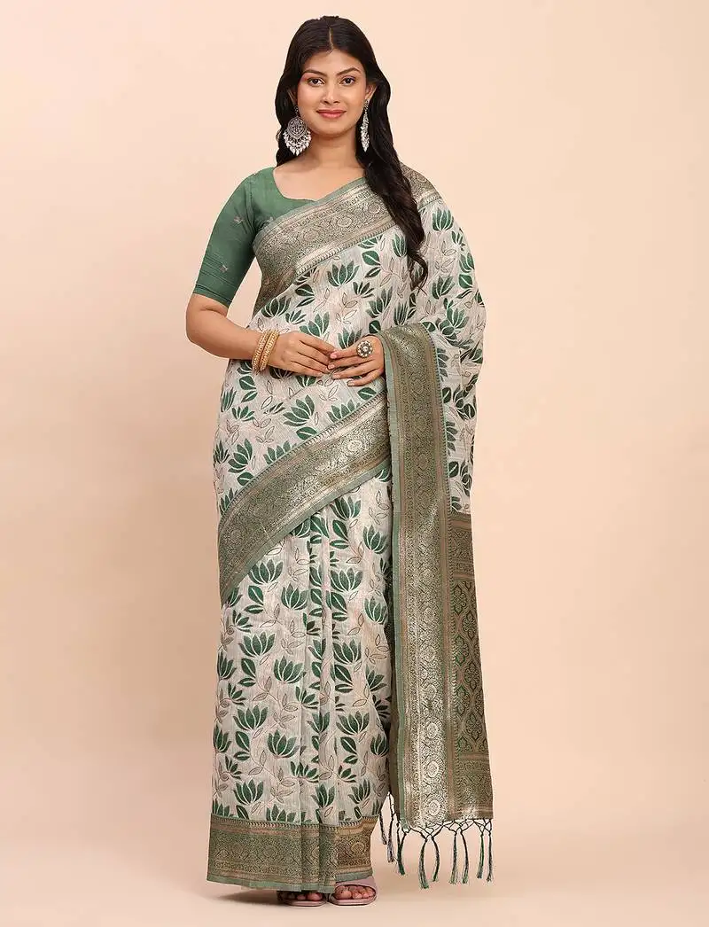 Off-white green linen cotton saree with zari woven border