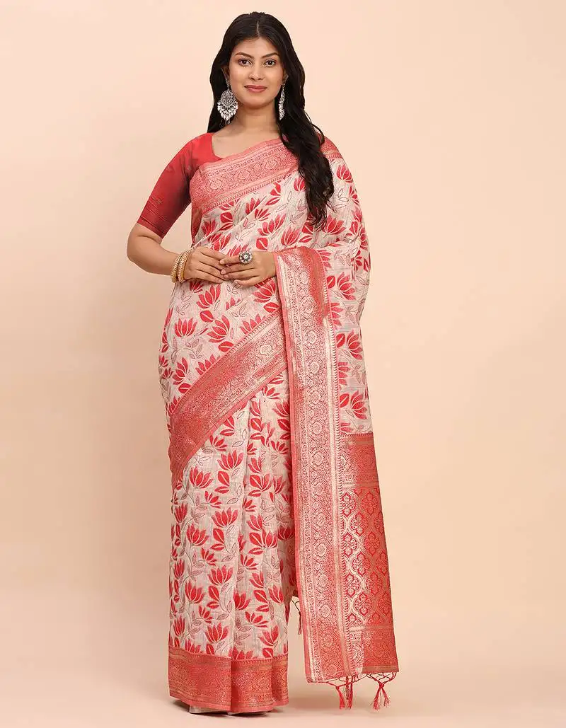 Off-white red linen cotton saree with zari woven border