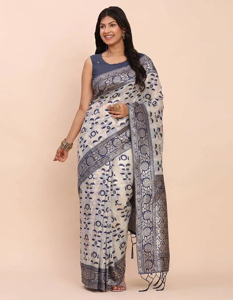 Off-white navy blue linen cotton saree with zari woven border