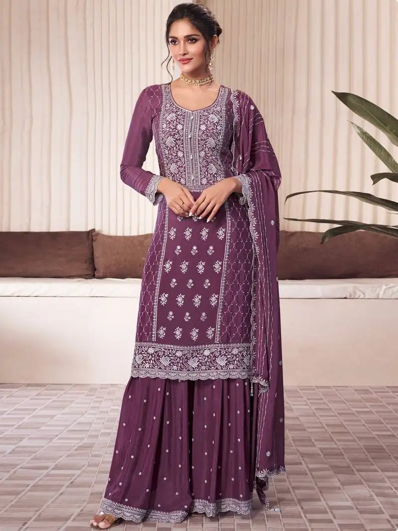 Purple embroidered chinon free size palazzo style salwar suit stitched